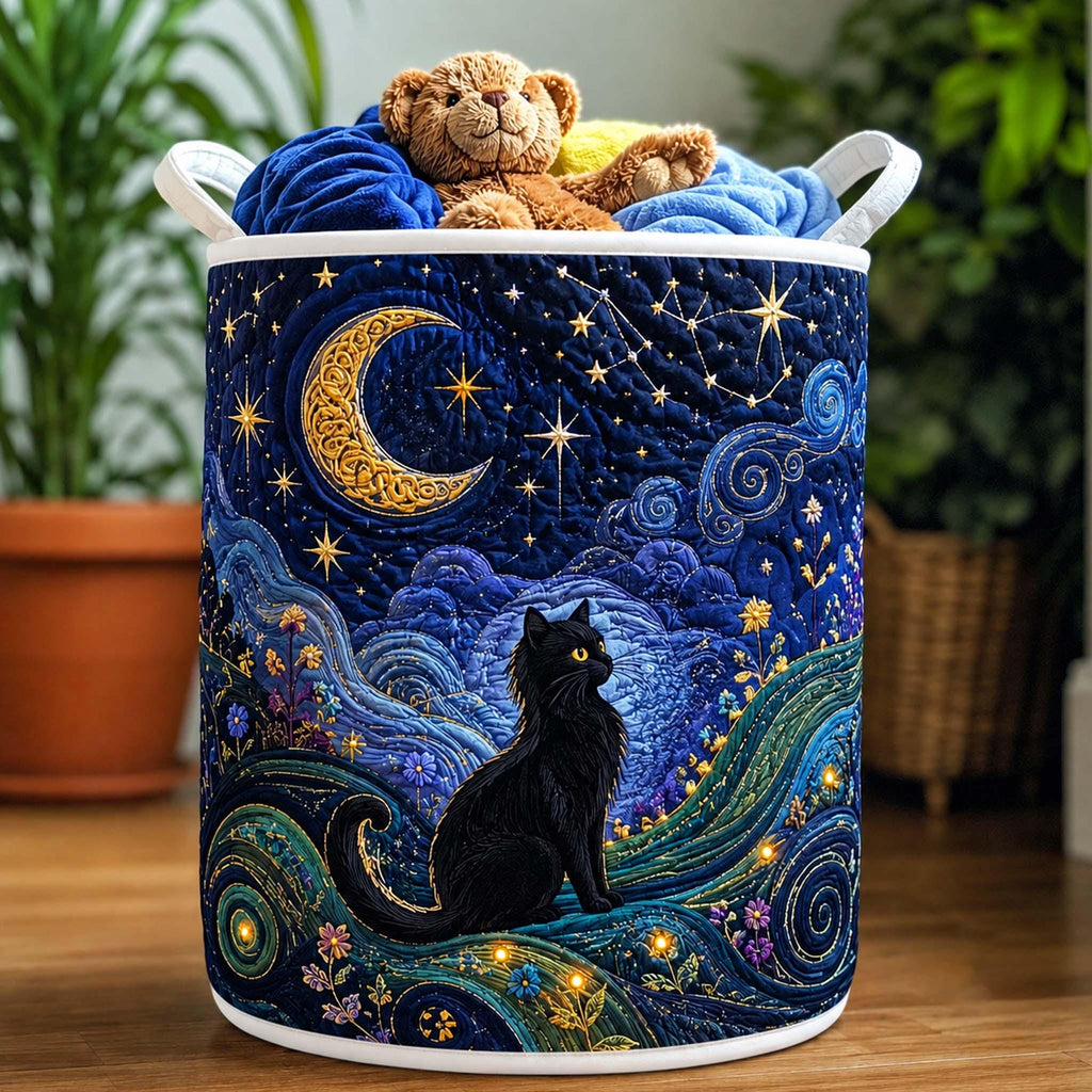 Black Cat Starry Night Quilted Laundry Basket, Black Cat Storage Hamper, Laundry Bin, Custom Name Home Organizer, Housewarming Gift, Fabric Clothes Basket QBK30