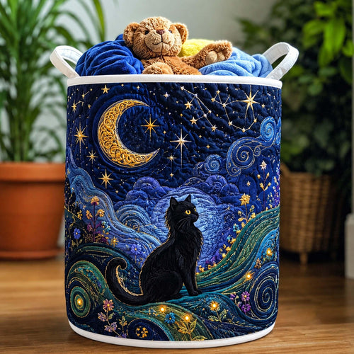 Black Cat Starry Night Quilted Laundry Basket, Black Cat Storage Hamper, Laundry Bin, Custom Name Home Organizer, Housewarming Gift, Fabric Clothes Basket QBK30
