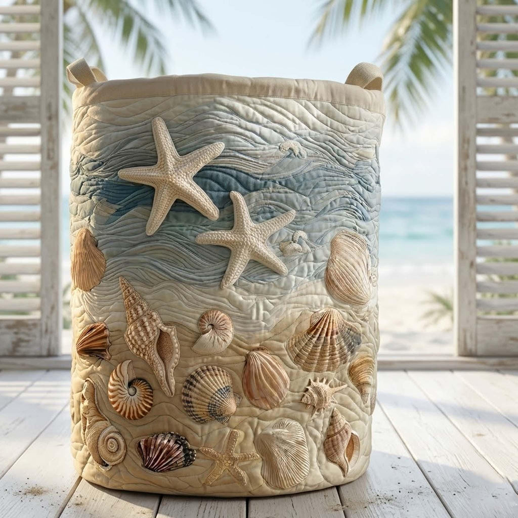 Ocean Vibes Quilted Laundry Basket, Sea Pattern Storage Hamper, Laundry Bin, Custom Name Home Organizer, Housewarming Gift, Fabric Clothes Basket QBK32