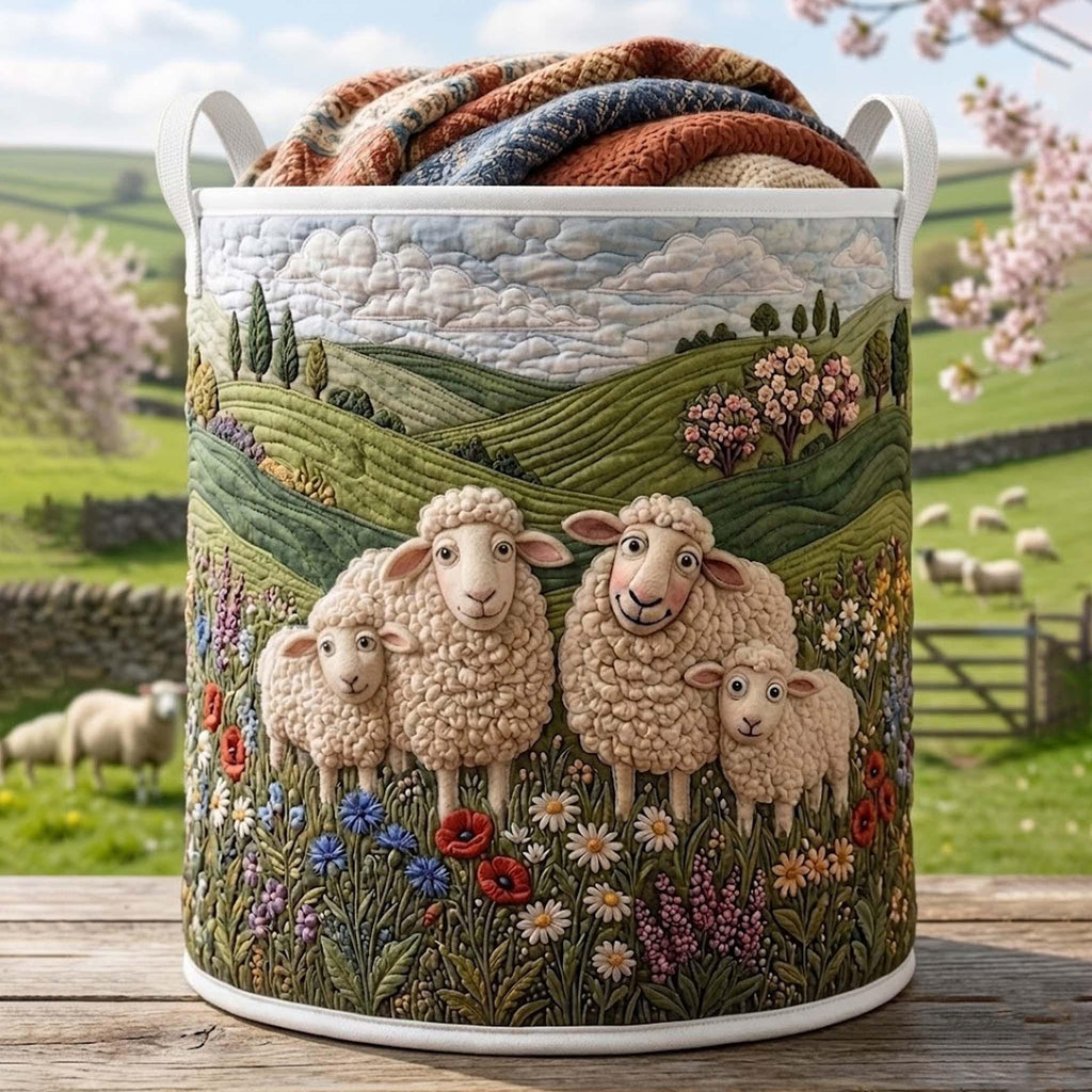 Sheep Quilted Laundry Basket, Sheep Storage Hamper, Laundry Bin, Custom Name Nursery Organizer, Fabric Clothes Basket QBK15
