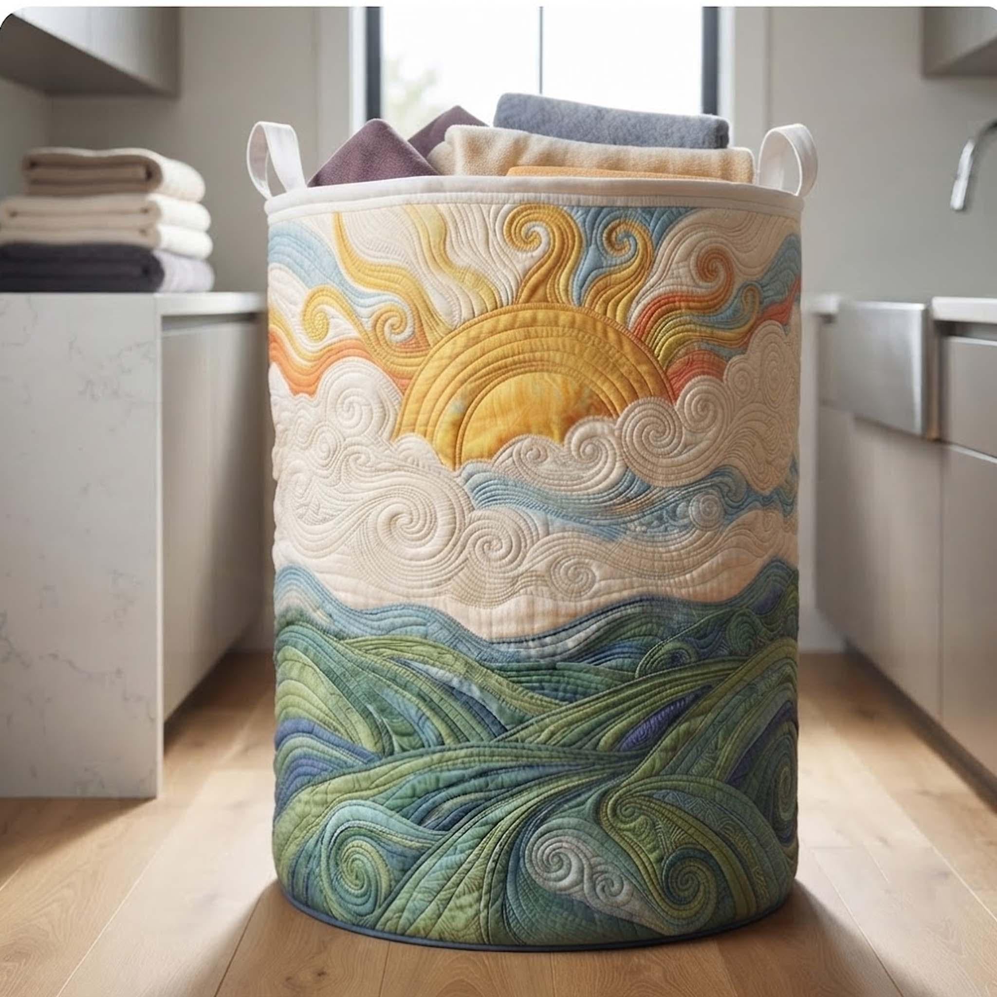 Personalized Sunrise Quilted Laundry Basket, Abstract Landscape Storage Hamper, Laundry Bin, Custom Name Home Organizer, Housewarming Gift, Fabric Clothes Basket QBK23