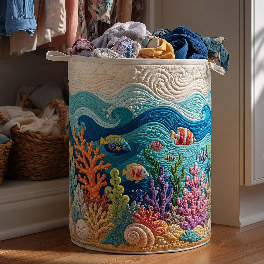 Coral Reef Quilted Laundry Basket, Ocean Storage Hamper, Laundry Bin, Custom Name Nursery Organizer, Fabric Clothes Basket QBK06