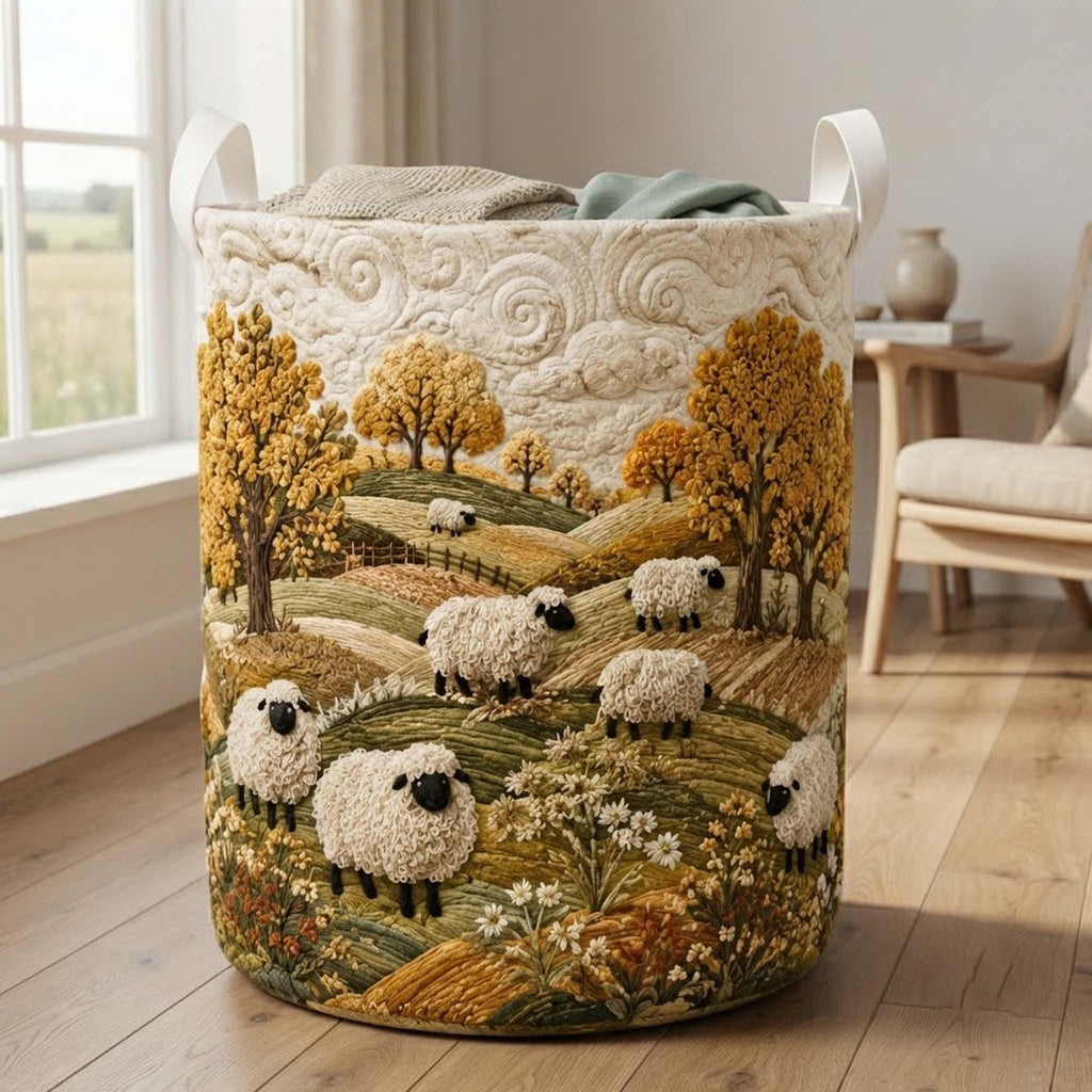 Sheep Heaven Quilted Laundry Basket, Sheep Storage Hamper, Laundry Bin, Custom Name Home Organizer, Housewarming Gift, Fabric Clothes Basket QBK36