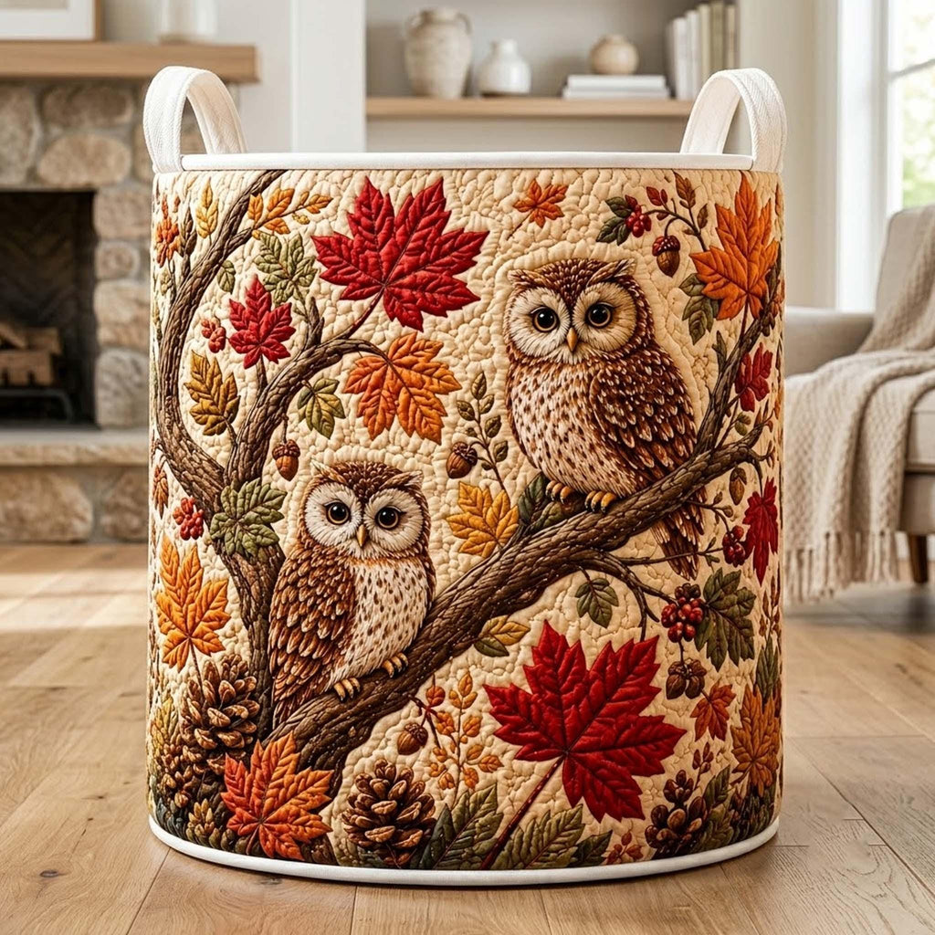 Fall Owl Quilted Laundry Basket, Owl Storage Hamper, Laundry Bin, Custom Name Nursery Organizer, Fabric Clothes Basket QBK12
