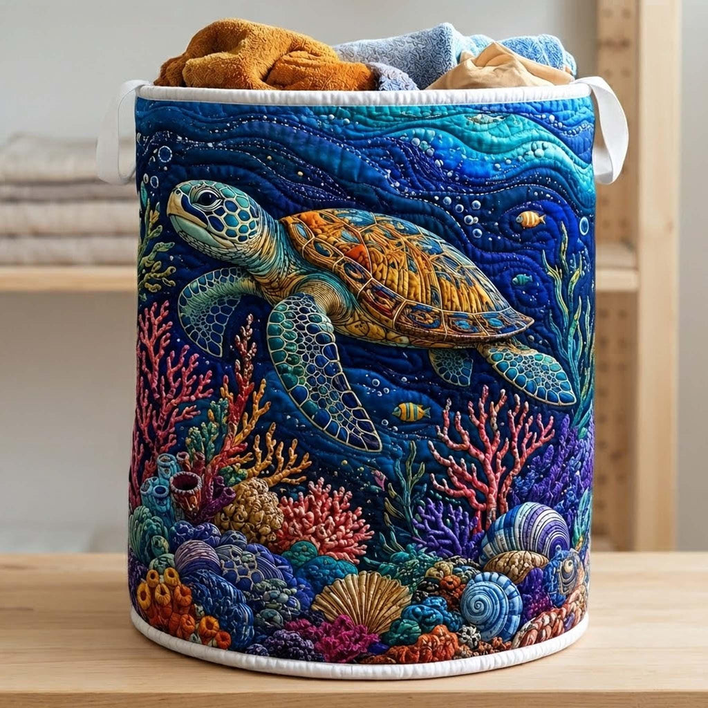 Sea Turtle Quilted Laundry Basket, Ocean Storage Hamper, Laundry Bin, Custom Name Nursery Organizer, Fabric Clothes Basket QBK10