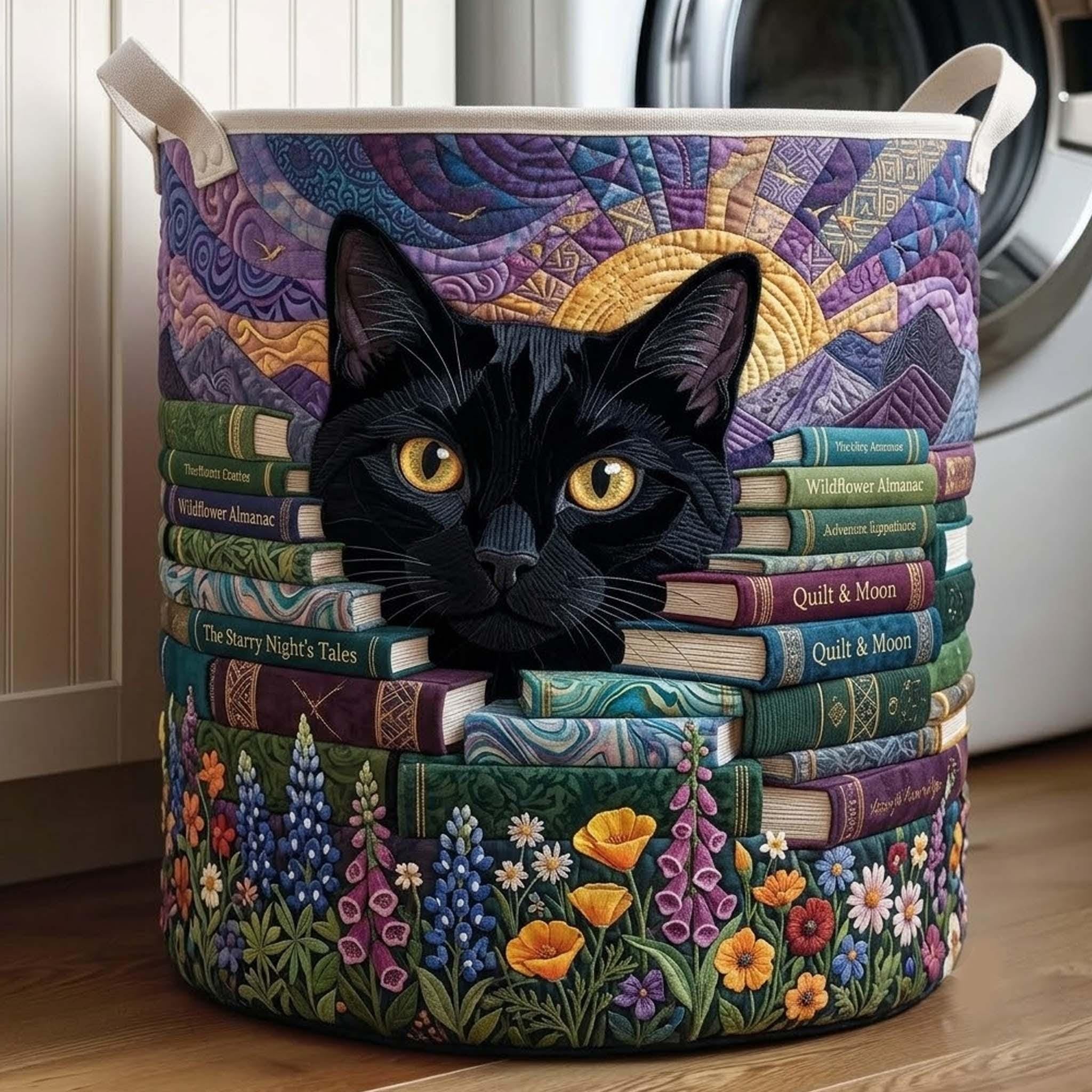 Personalized Bookish Cat Quilted Laundry Basket, Library Cat Book Storage Hamper, Laundry Bin, Custom Name Home Organizer, Housewarming Gift, Fabric Clothes Basket QBK33