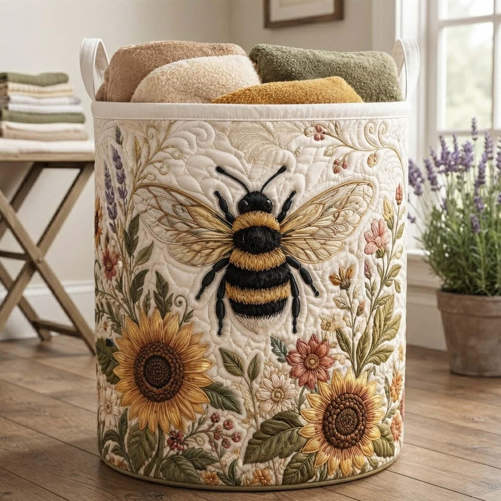 Sunflower Bee Quilted Laundry Basket, Bee Storage Hamper, Laundry Bin, Custom Name Nursery Organizer, Fabric Clothes Basket QBK16