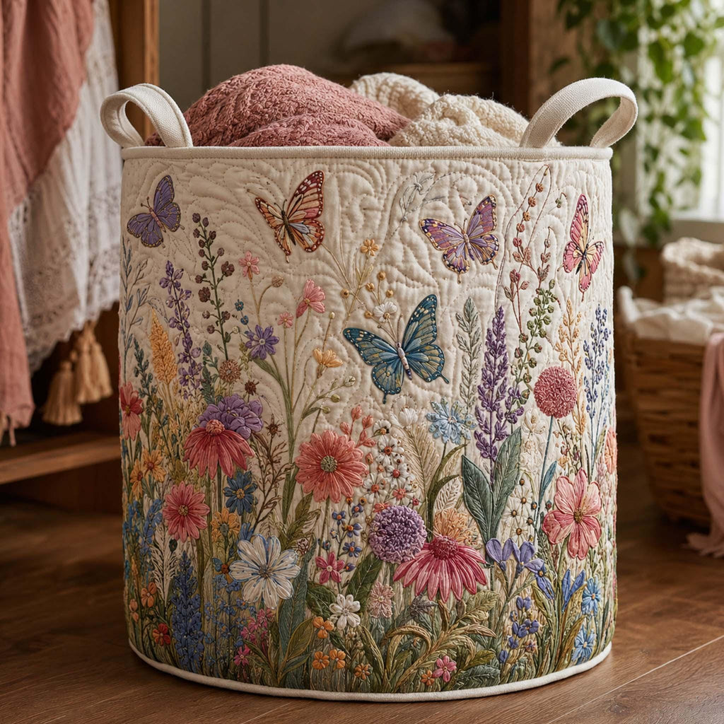Spring Butterfly Quilted Laundry Basket, Floral Butterfly Storage Hamper, Laundry Bin, Custom Name Home Organizer, Housewarming Gift, Fabric Clothes Basket QBK37