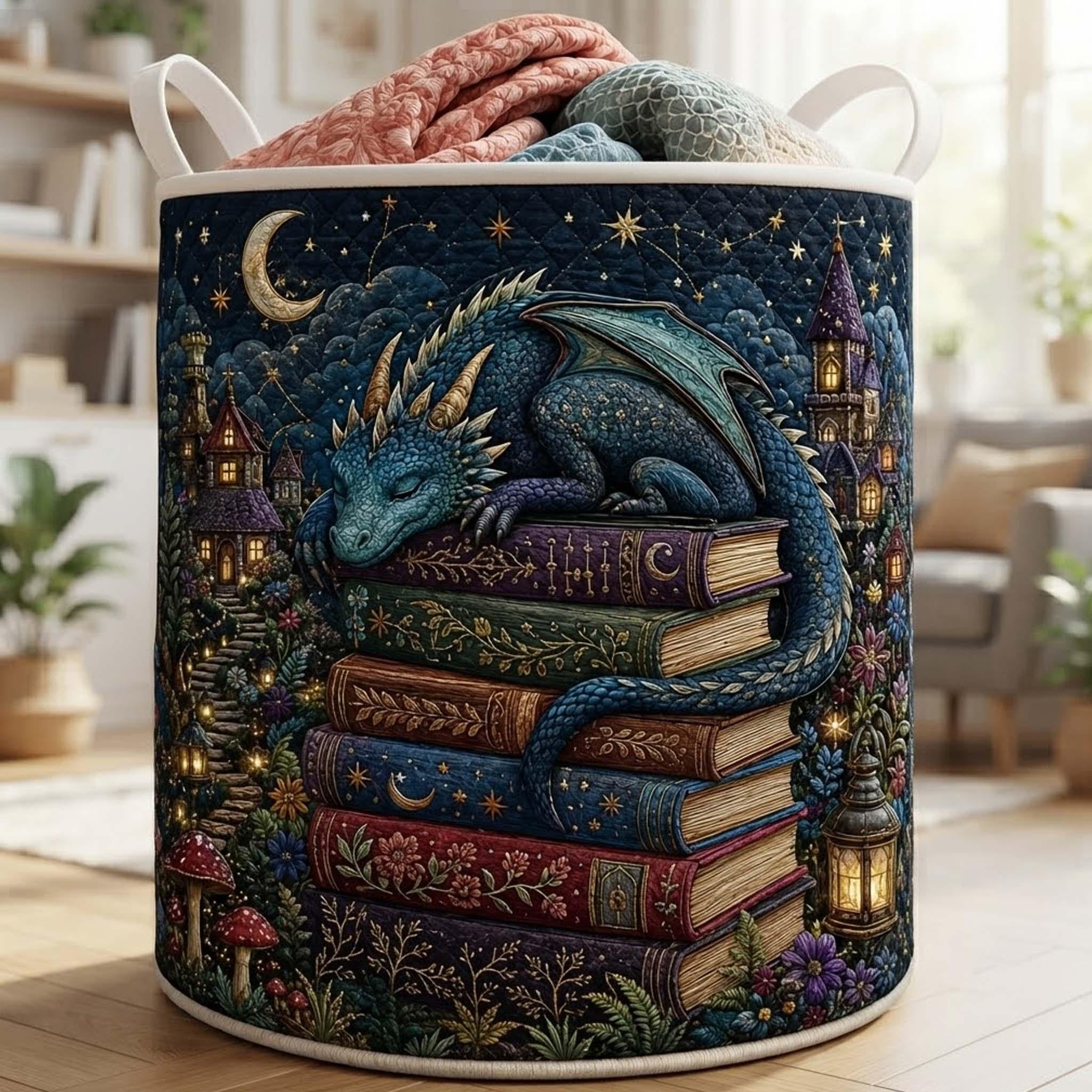 Fantasy Dragon Quilted Laundry Basket, Mystic Book Keeper Storage Hamper, Laundry Bin, Custom Name Home Organizer, Housewarming Gift, Fabric Clothes Basket QBK31