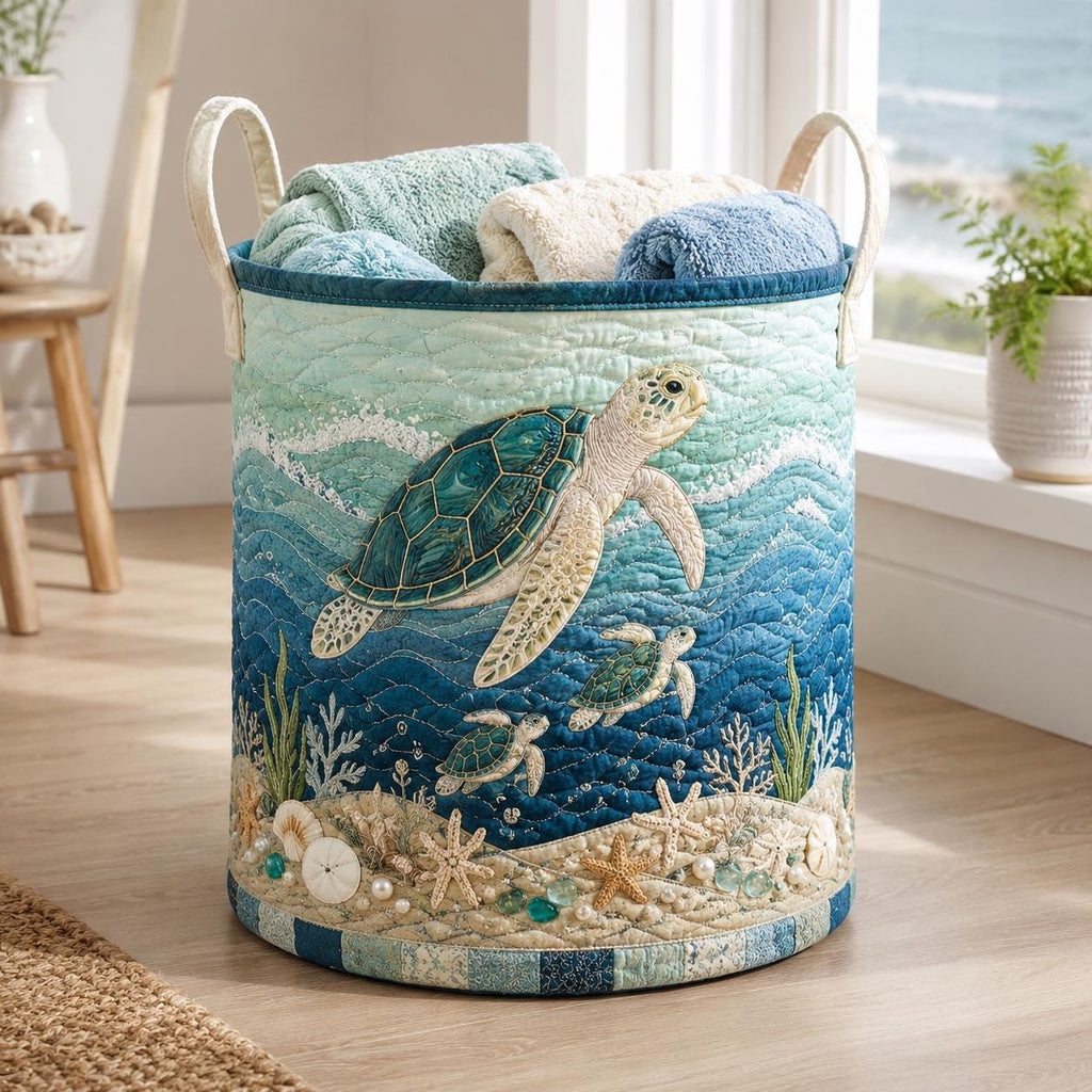 Personalized Sea Turtle Quilted Laundry Basket, Turtle Storage Hamper, Laundry Bin, Custom Name Home Organizer, Housewarming Gift, Fabric Clothes Basket QBK35