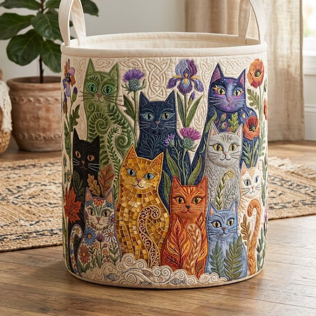 Boho Cat Quilted Laundry Basket, Cats Storage Hamper, Boho Laundry Bin, Custom Name Nursery Organizer, Fabric Clothes Basket QBK05