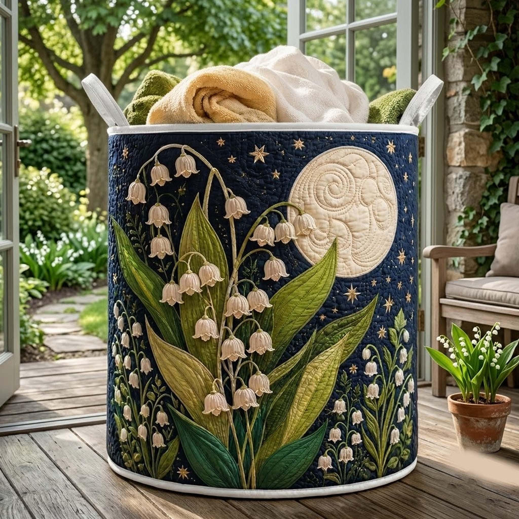 Lily of the Valley Quilted Laundry Basket, Floral Storage Hamper, Laundry Bin, Custom Name Home Organizer, Housewarming Gift, Fabric Clothes Basket QBK28
