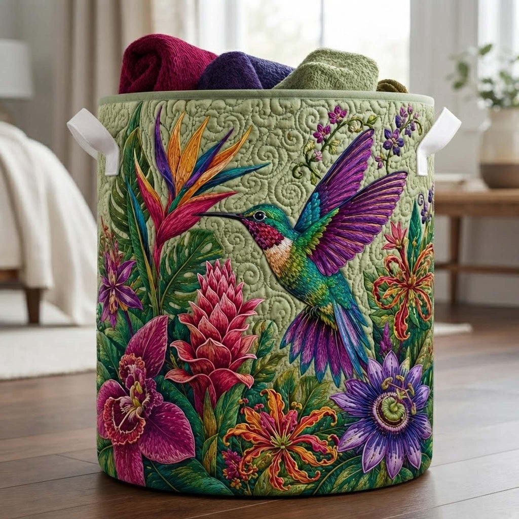 Tropical Hummingbird Quilted Laundry Basket, Bird Storage Hamper, Laundry Bin, Custom Name Home Organizer, Housewarming Gift, Fabric Clothes Basket QBK39