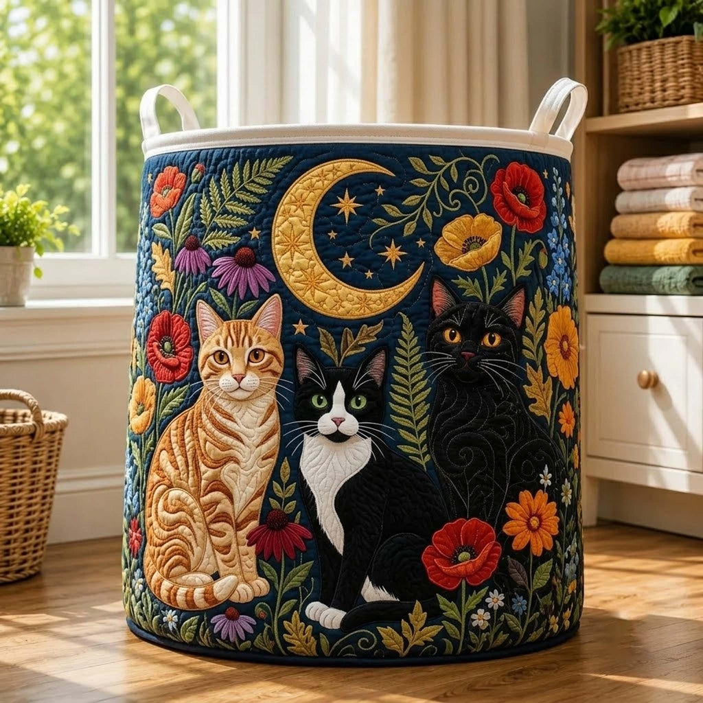 Personalized Floral Cat Quilted Laundry Basket, Cat Floral Storage Hamper, Laundry Bin, Custom Name Home Organizer, Housewarming Gift, Fabric Clothes Basket QBK34