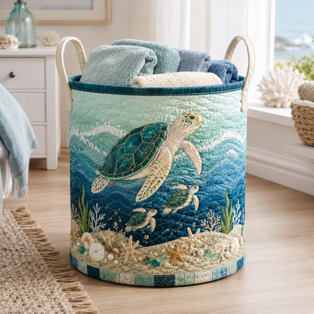 Personalized Sea Turtle Quilted Laundry Basket, Turtle Storage Hamper, Laundry Bin, Custom Name Home Organizer, Housewarming Gift, Fabric Clothes Basket QBK35