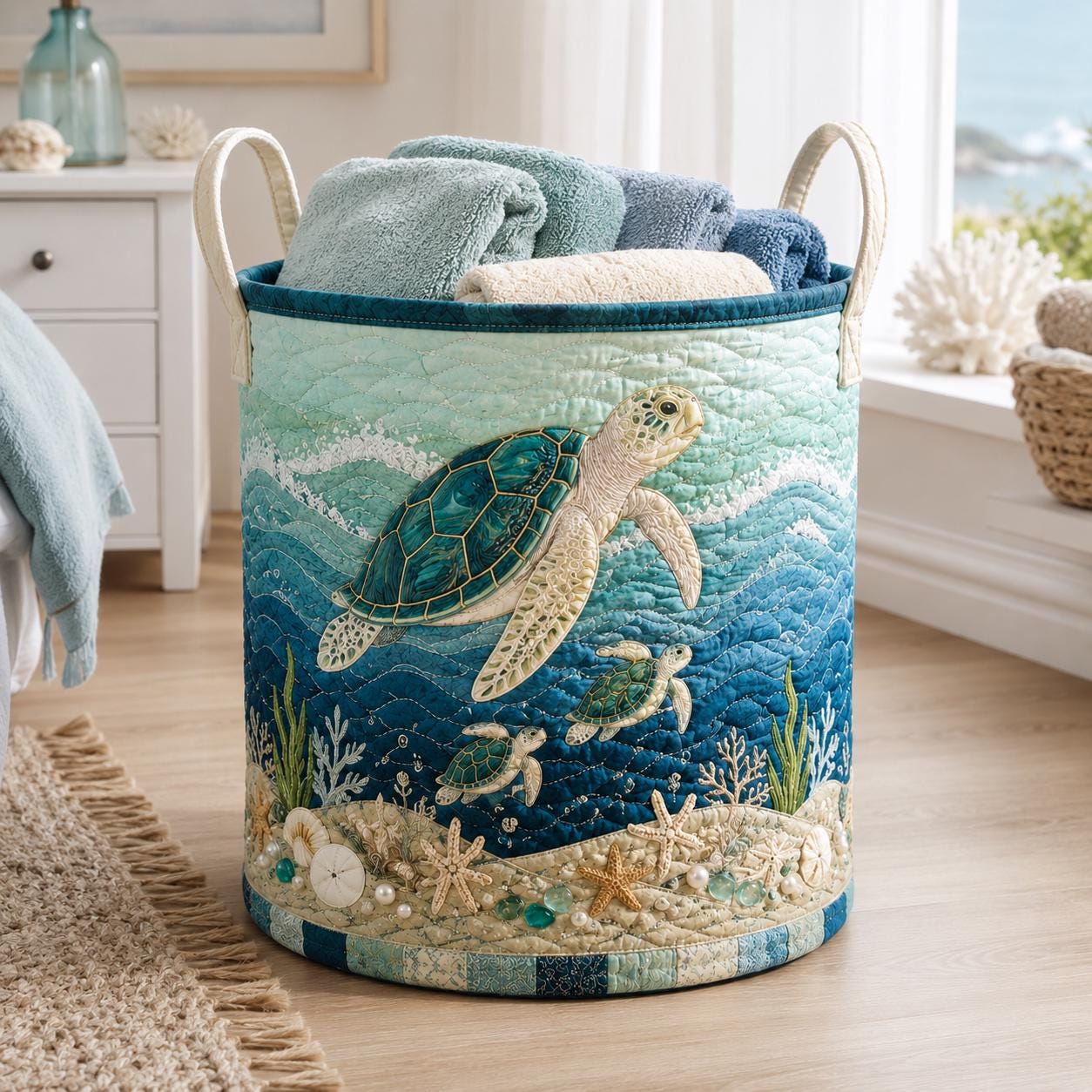 Personalized Sea Turtle Quilted Laundry Basket, Turtle Storage Hamper, Laundry Bin, Custom Name Home Organizer, Housewarming Gift, Fabric Clothes Basket QBK35