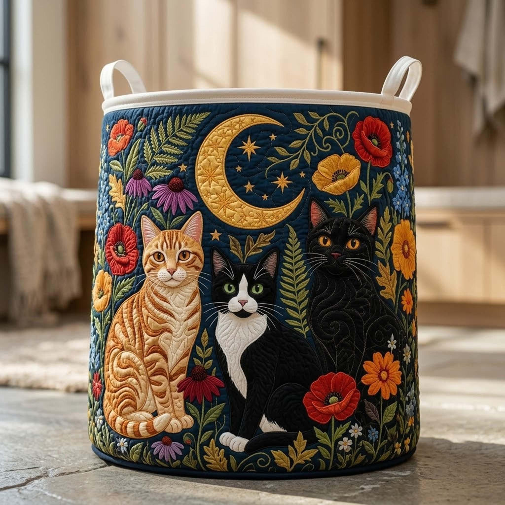 Personalized Floral Cat Quilted Laundry Basket, Cat Floral Storage Hamper, Laundry Bin, Custom Name Home Organizer, Housewarming Gift, Fabric Clothes Basket QBK34