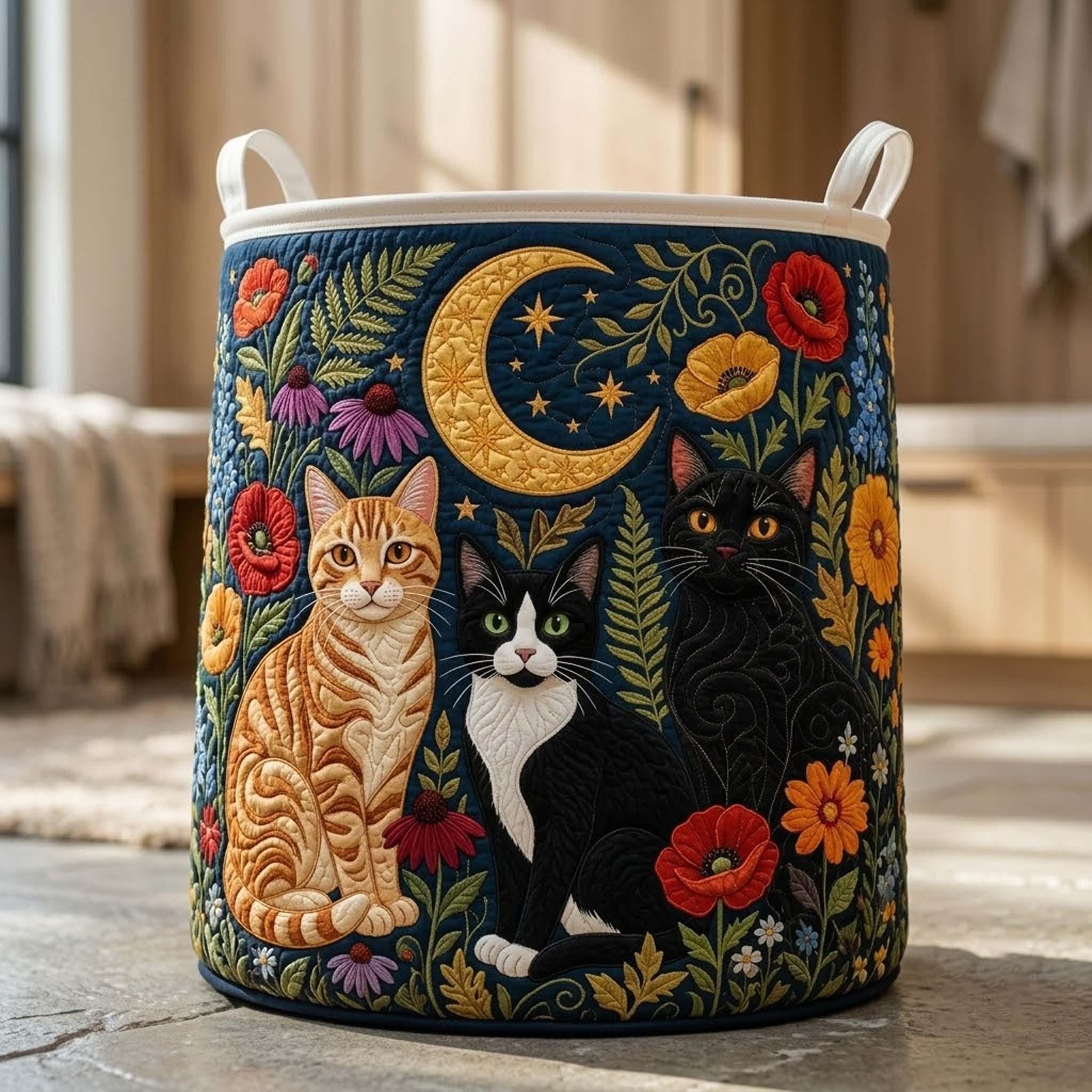 Personalized Floral Cat Quilted Laundry Basket, Cat Floral Storage Hamper, Laundry Bin, Custom Name Home Organizer, Housewarming Gift, Fabric Clothes Basket QBK34