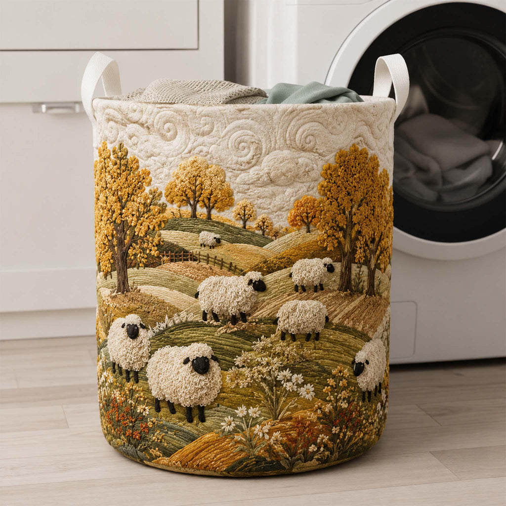 Sheep Heaven Quilted Laundry Basket, Sheep Storage Hamper, Laundry Bin, Custom Name Home Organizer, Housewarming Gift, Fabric Clothes Basket QBK36