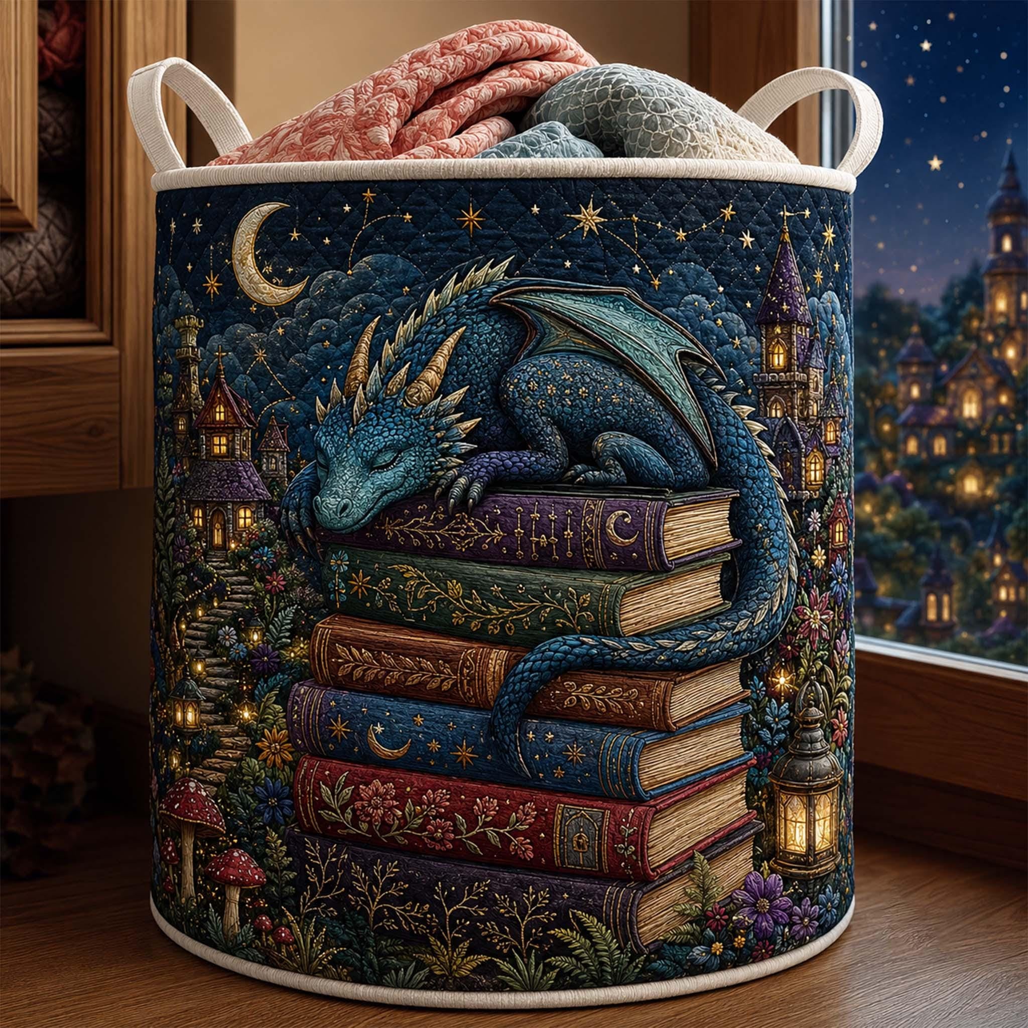 Fantasy Dragon Quilted Laundry Basket, Mystic Book Keeper Storage Hamper, Laundry Bin, Custom Name Home Organizer, Housewarming Gift, Fabric Clothes Basket QBK31