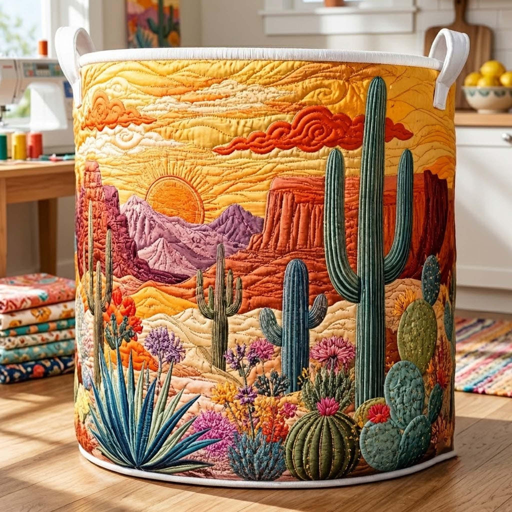 Daybreak Cactus Field Quilted Laundry Basket, Cactus Storage Hamper, Laundry Bin, Custom Name Nursery Organizer, Fabric Clothes Basket QBK09