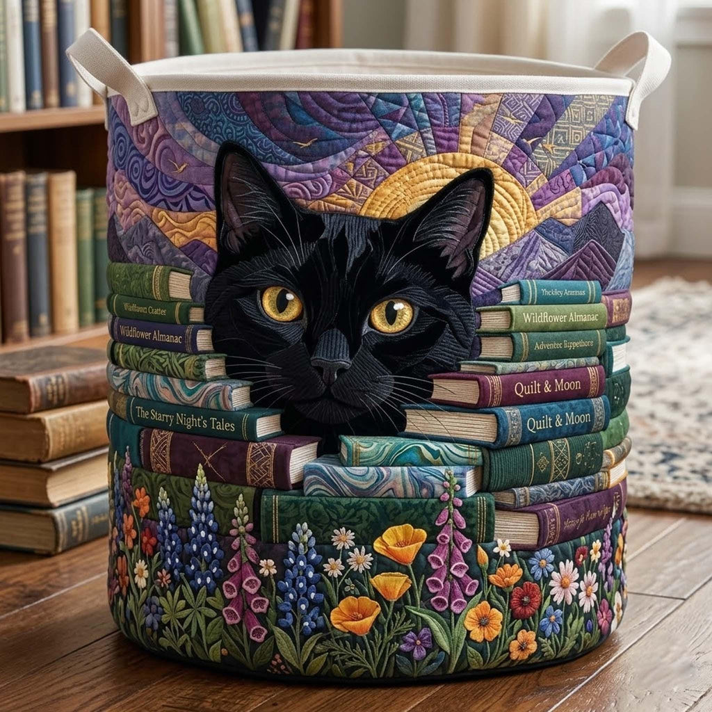Personalized Bookish Cat Quilted Laundry Basket, Library Cat Book Storage Hamper, Laundry Bin, Custom Name Home Organizer, Housewarming Gift, Fabric Clothes Basket QBK33