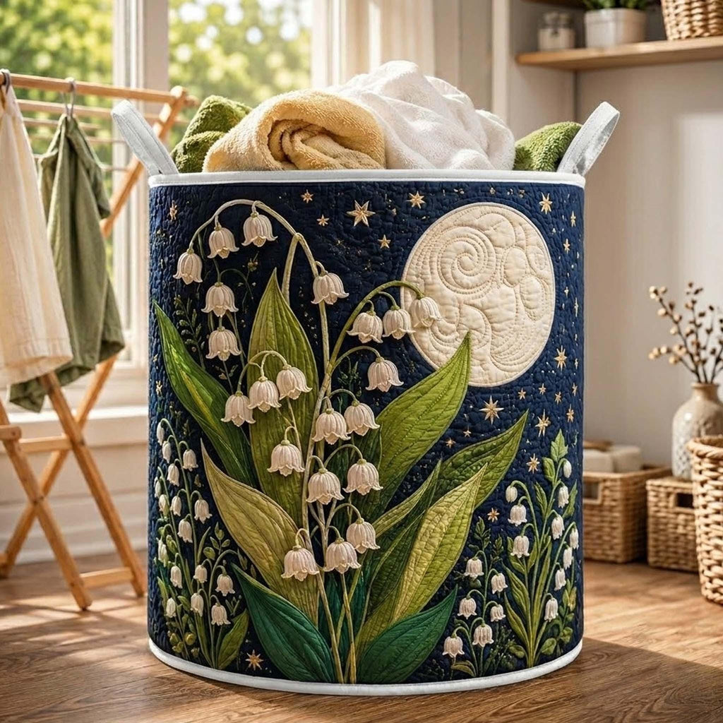 Lily of the Valley Quilted Laundry Basket, Floral Storage Hamper, Laundry Bin, Custom Name Home Organizer, Housewarming Gift, Fabric Clothes Basket QBK28