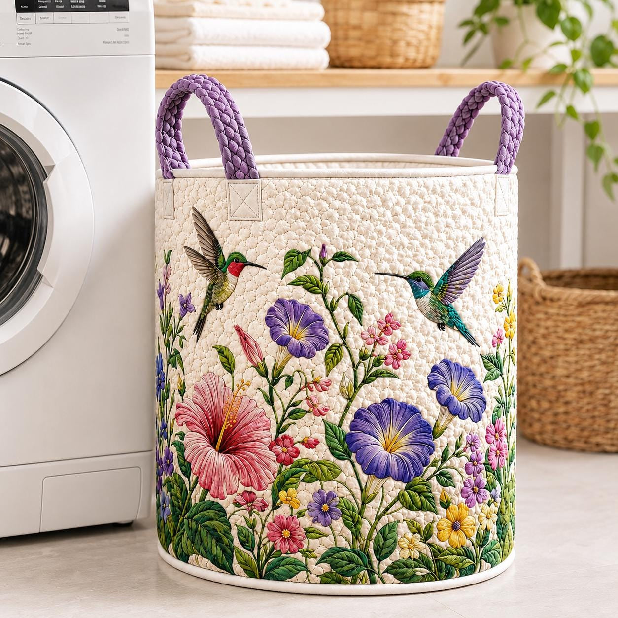 Hummingbird Floral Quilted Laundry Basket, Hummingbird Storage Hamper, Laundry Bin, Custom Name Home Organizer, Housewarming Gift, Fabric Clothes Basket QBK25