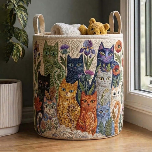 Boho Cat Quilted Laundry Basket, Cats Storage Hamper, Boho Laundry Bin, Custom Name Nursery Organizer, Fabric Clothes Basket QBK05