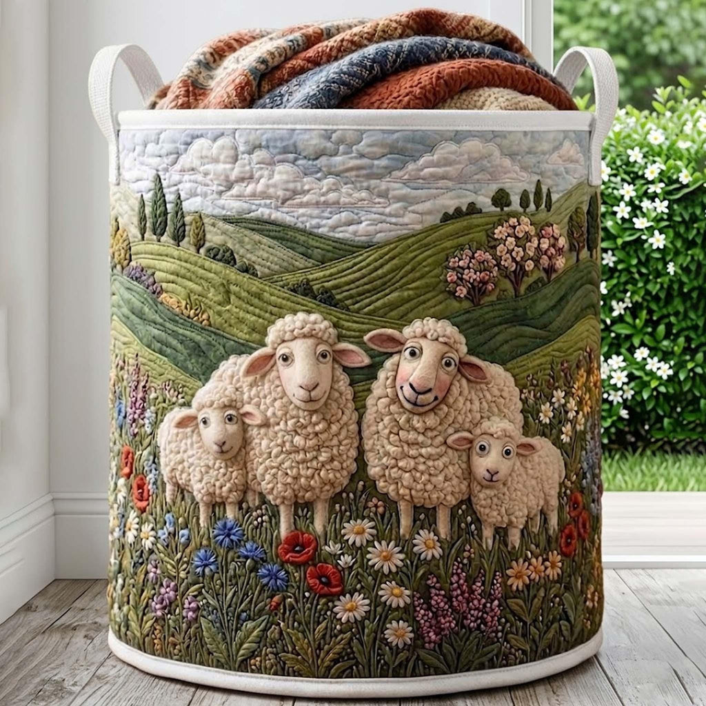 Sheep Quilted Laundry Basket, Sheep Storage Hamper, Laundry Bin, Custom Name Nursery Organizer, Fabric Clothes Basket QBK15