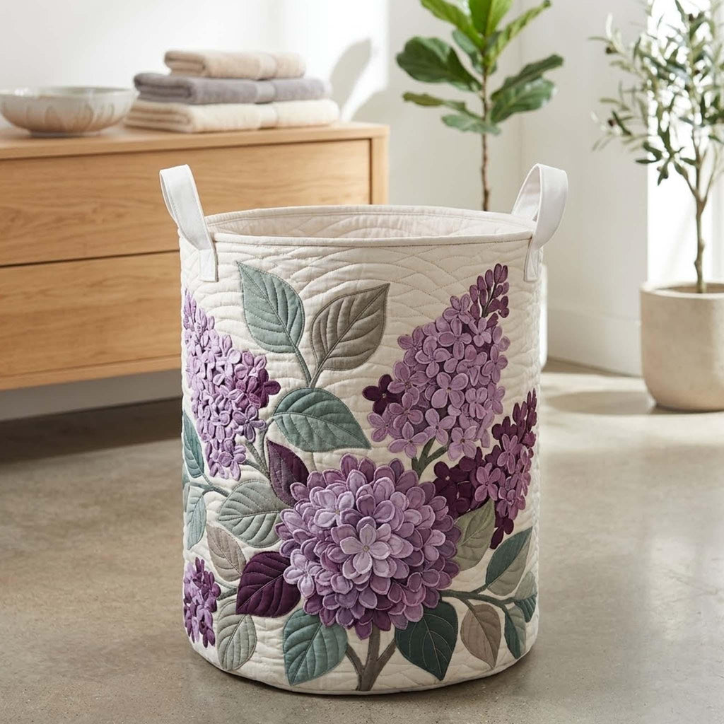 Lilac Flower Quilted Laundry Basket, Floral Storage Hamper, Laundry Bin, Custom Name Home Organizer, Housewarming Gift, Fabric Clothes Basket QBK27