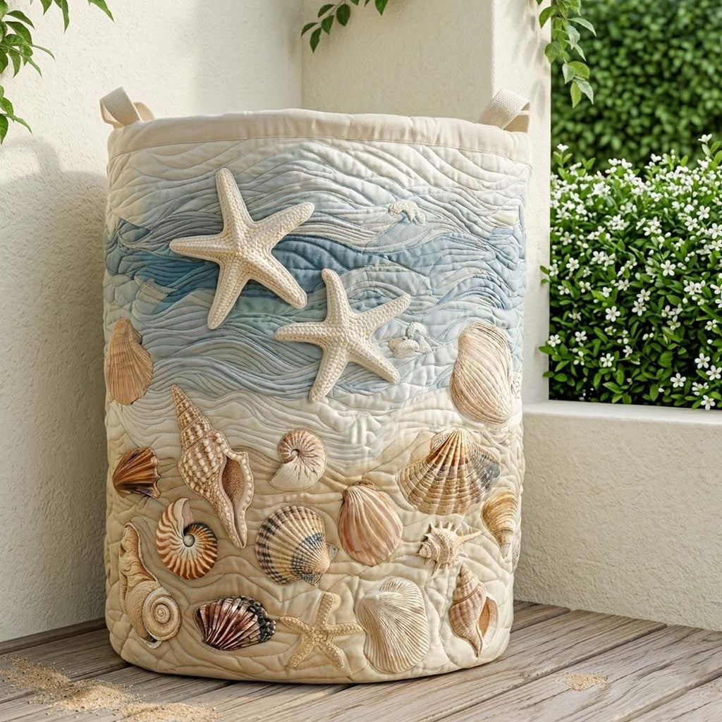 Ocean Vibes Quilted Laundry Basket, Sea Pattern Storage Hamper, Laundry Bin, Custom Name Home Organizer, Housewarming Gift, Fabric Clothes Basket QBK32