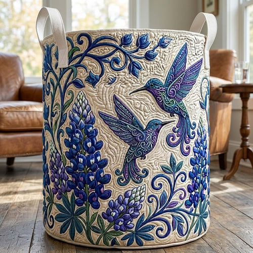 Blue Hummingbird Floral Quilted Laundry Basket, Hummingbird Storage Hamper, Laundry Bin, Custom Name Home Organizer, Housewarming Gift, Fabric Clothes Basket QBK26