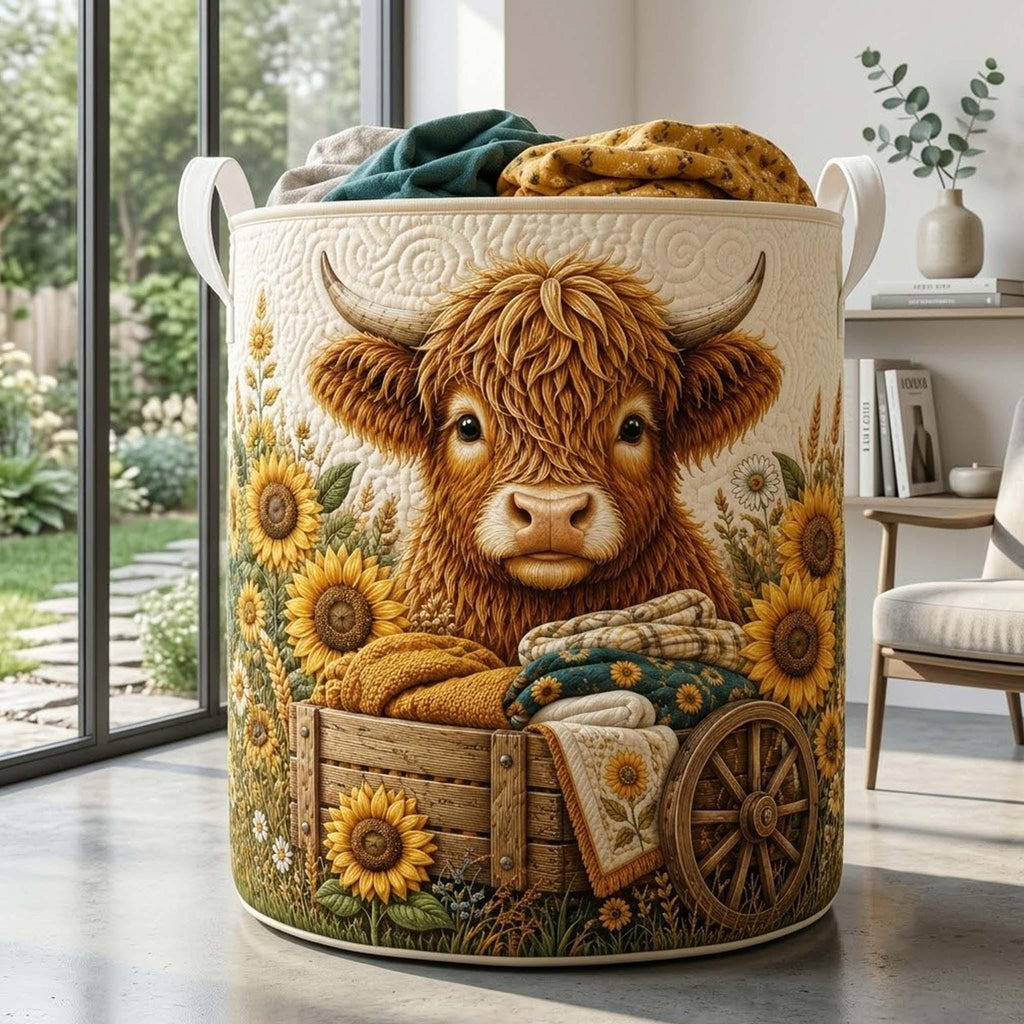 Personalized Highland Cow Quilted Laundry Basket, Sunflower Cow Storage Hamper, Laundry Bin, Custom Name Home Organizer, Housewarming Gift, Fabric Clothes Basket QBK24
