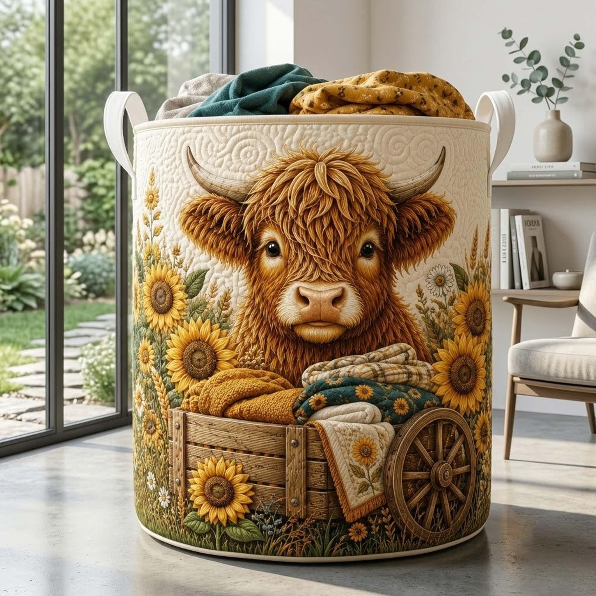 Personalized Highland Cow Quilted Laundry Basket, Sunflower Cow Storage Hamper, Laundry Bin, Custom Name Home Organizer, Housewarming Gift, Fabric Clothes Basket QBK24