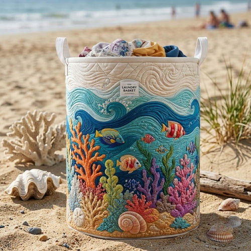 Coral Reef Quilted Laundry Basket, Ocean Storage Hamper, Laundry Bin, Custom Name Nursery Organizer, Fabric Clothes Basket QBK06