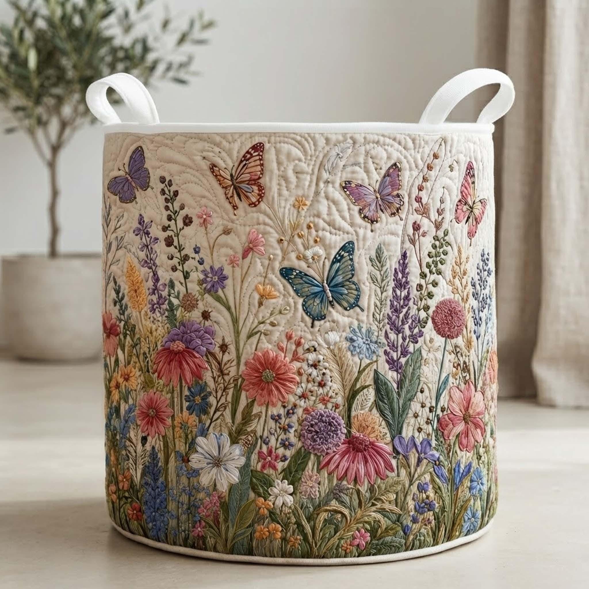 Spring Butterfly Quilted Laundry Basket, Floral Butterfly Storage Hamper, Laundry Bin, Custom Name Home Organizer, Housewarming Gift, Fabric Clothes Basket QBK37