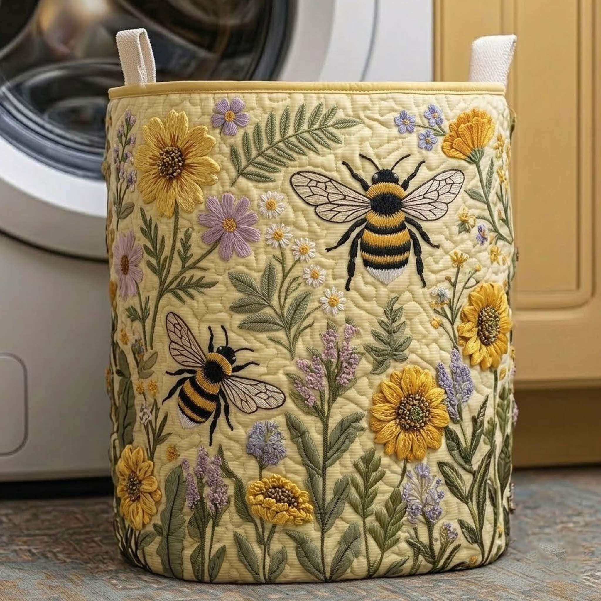 Bee Floral Quilted Laundry Basket, Bee Storage Hamper, Custom Name Laundry Bin, Nursery & Home Organizer Gift QBK02