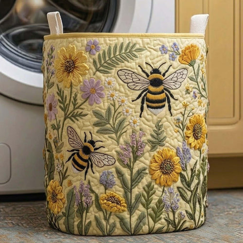 Bee Floral Quilted Laundry Basket, Bee Storage Hamper, Custom Name Laundry Bin, Nursery & Home Organizer Gift QBK02