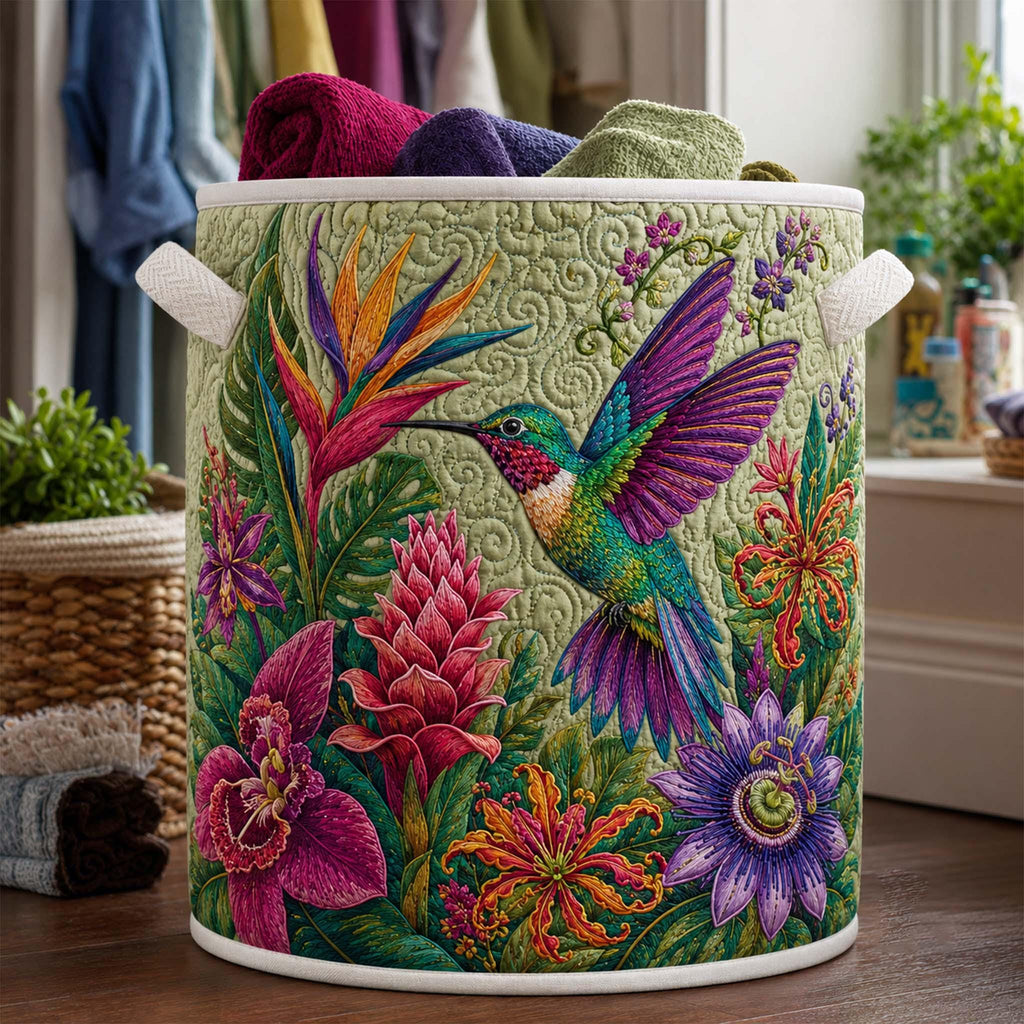 Tropical Hummingbird Quilted Laundry Basket, Bird Storage Hamper, Laundry Bin, Custom Name Home Organizer, Housewarming Gift, Fabric Clothes Basket QBK39