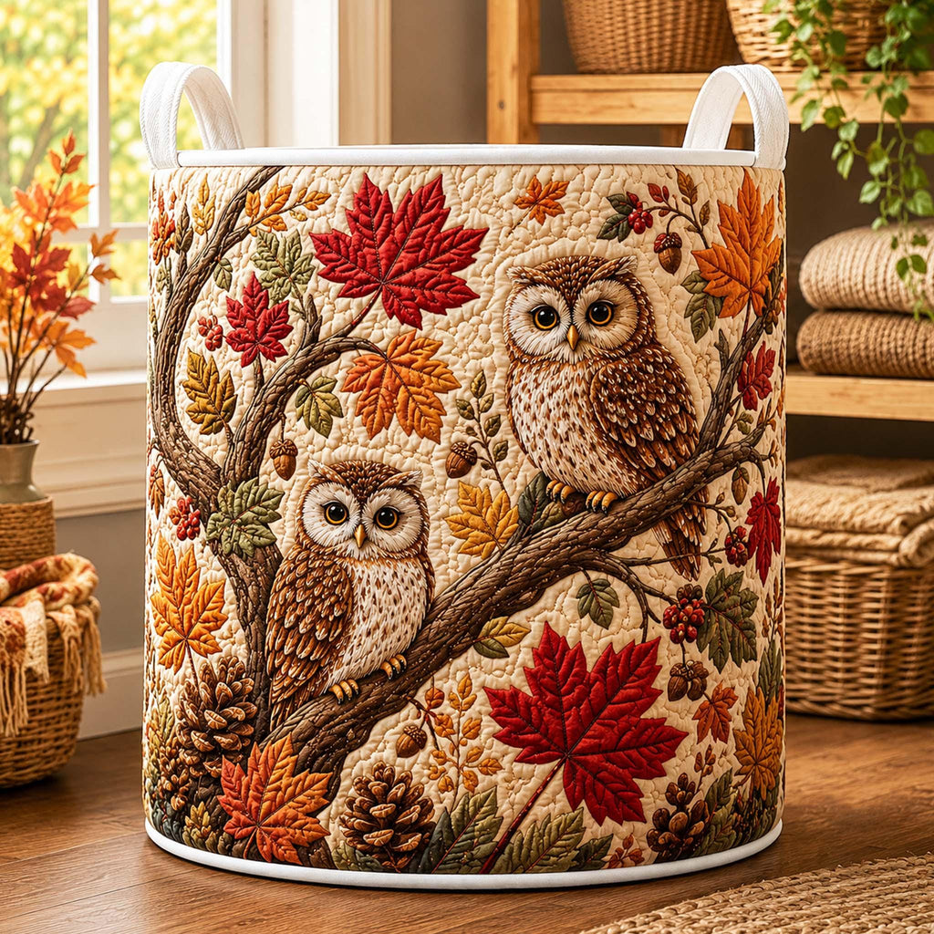 Fall Owl Quilted Laundry Basket, Owl Storage Hamper, Laundry Bin, Custom Name Nursery Organizer, Fabric Clothes Basket QBK12