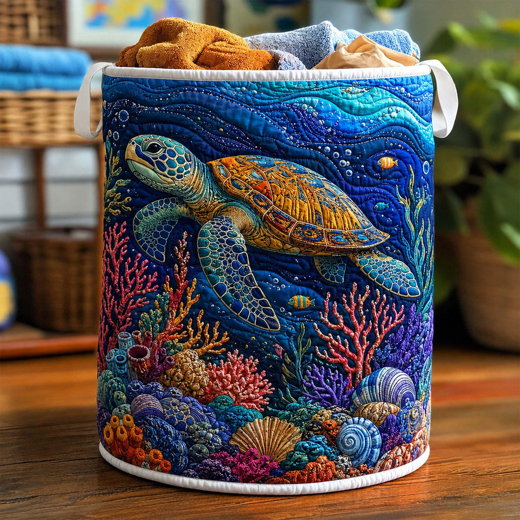 Sea Turtle Quilted Laundry Basket, Ocean Storage Hamper, Laundry Bin, Custom Name Nursery Organizer, Fabric Clothes Basket QBK10