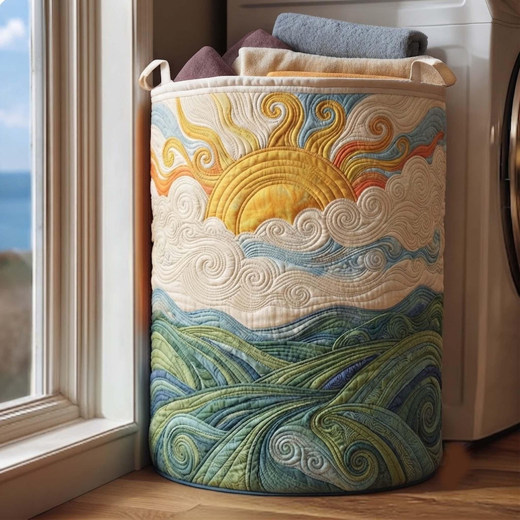 Personalized Sunrise Quilted Laundry Basket, Abstract Landscape Storage Hamper, Laundry Bin, Custom Name Home Organizer, Housewarming Gift, Fabric Clothes Basket QBK23