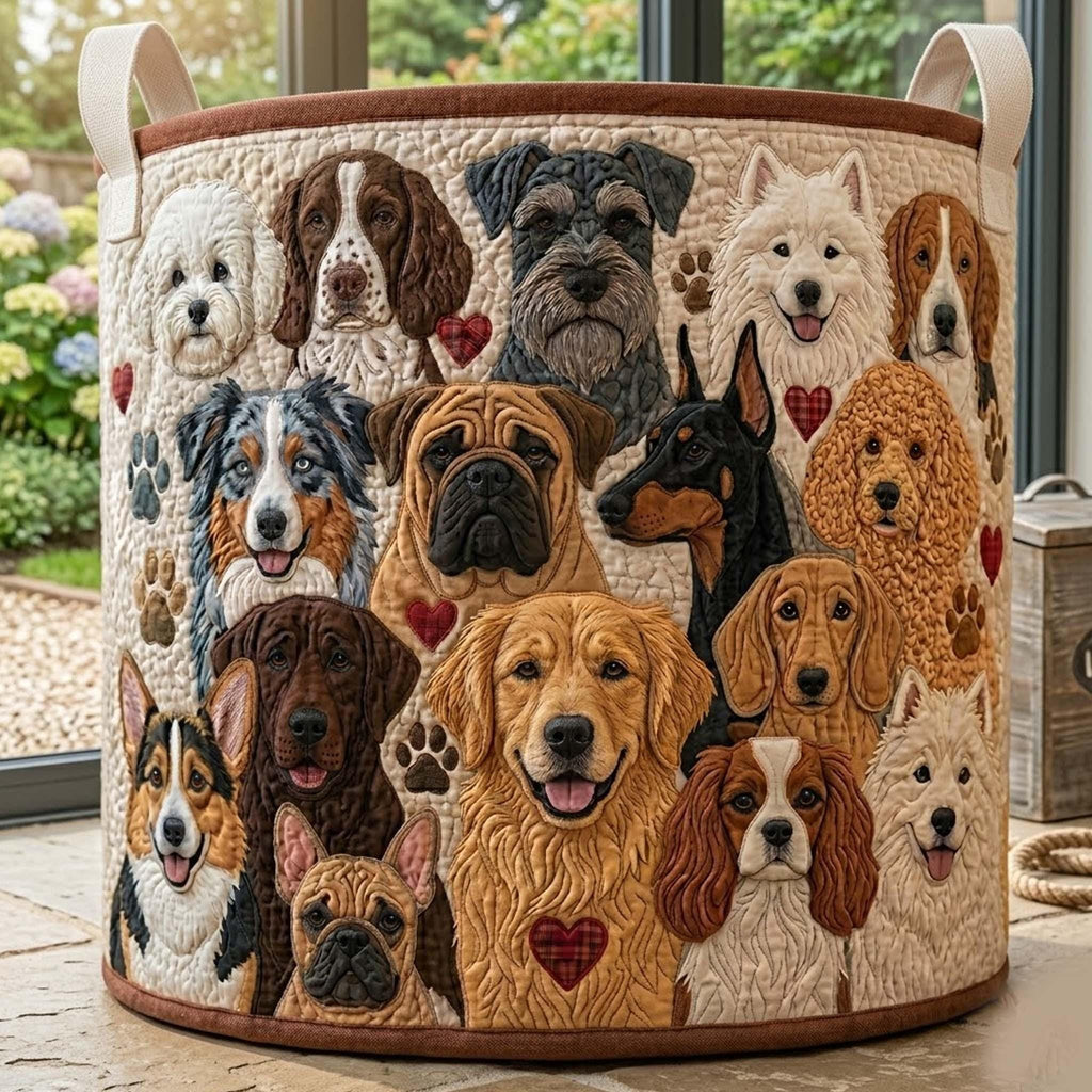 Dogs Pattern Quilted Laundry Basket, Dog Storage Hamper, Laundry Bin, Custom Name Nursery Organizer, Fabric Clothes Basket QBK11