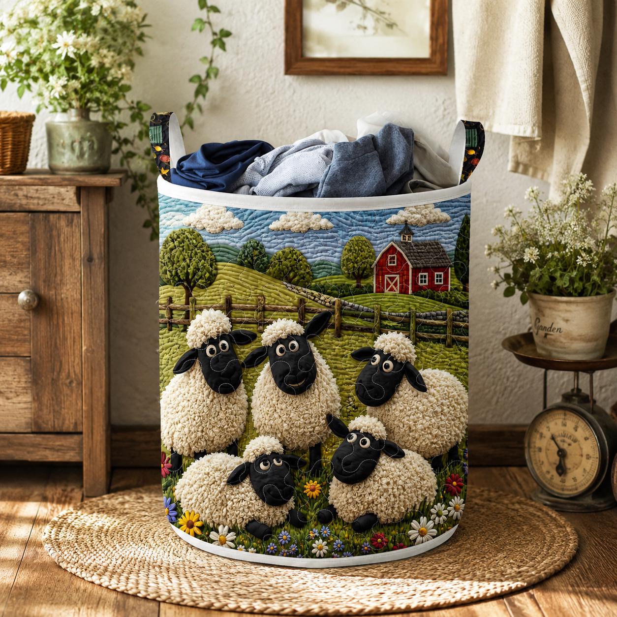 Personalized Sheep Quilted Laundry Basket, Farmhouse Laundry Hamper, Cute Sheep Storage Bin, Custom Name Nursery Organizer, Farm Animal Housewarming Gift QBK03