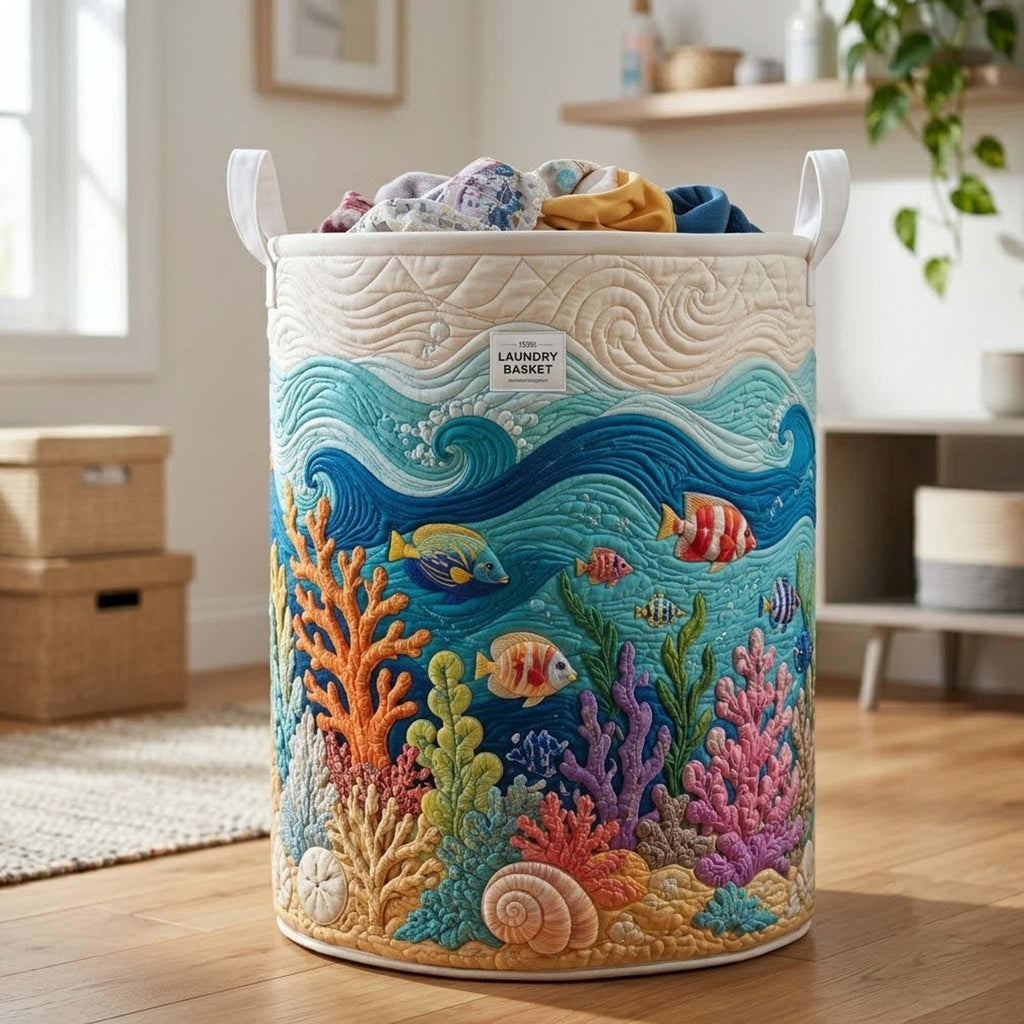 Coral Reef Quilted Laundry Basket, Ocean Storage Hamper, Laundry Bin, Custom Name Nursery Organizer, Fabric Clothes Basket QBK06