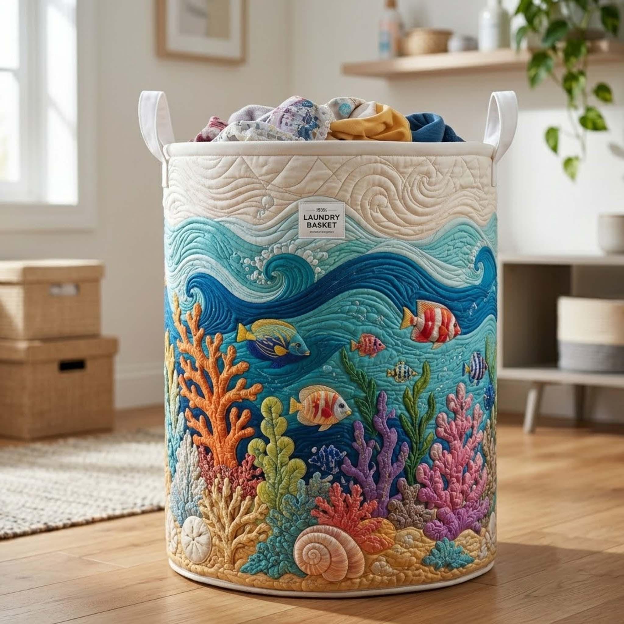Coral Reef Quilted Laundry Basket, Ocean Storage Hamper, Laundry Bin, Custom Name Nursery Organizer, Fabric Clothes Basket QBK06