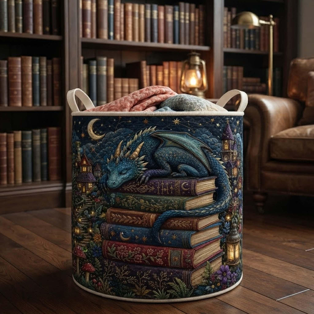Fantasy Dragon Quilted Laundry Basket, Mystic Book Keeper Storage Hamper, Laundry Bin, Custom Name Home Organizer, Housewarming Gift, Fabric Clothes Basket QBK31