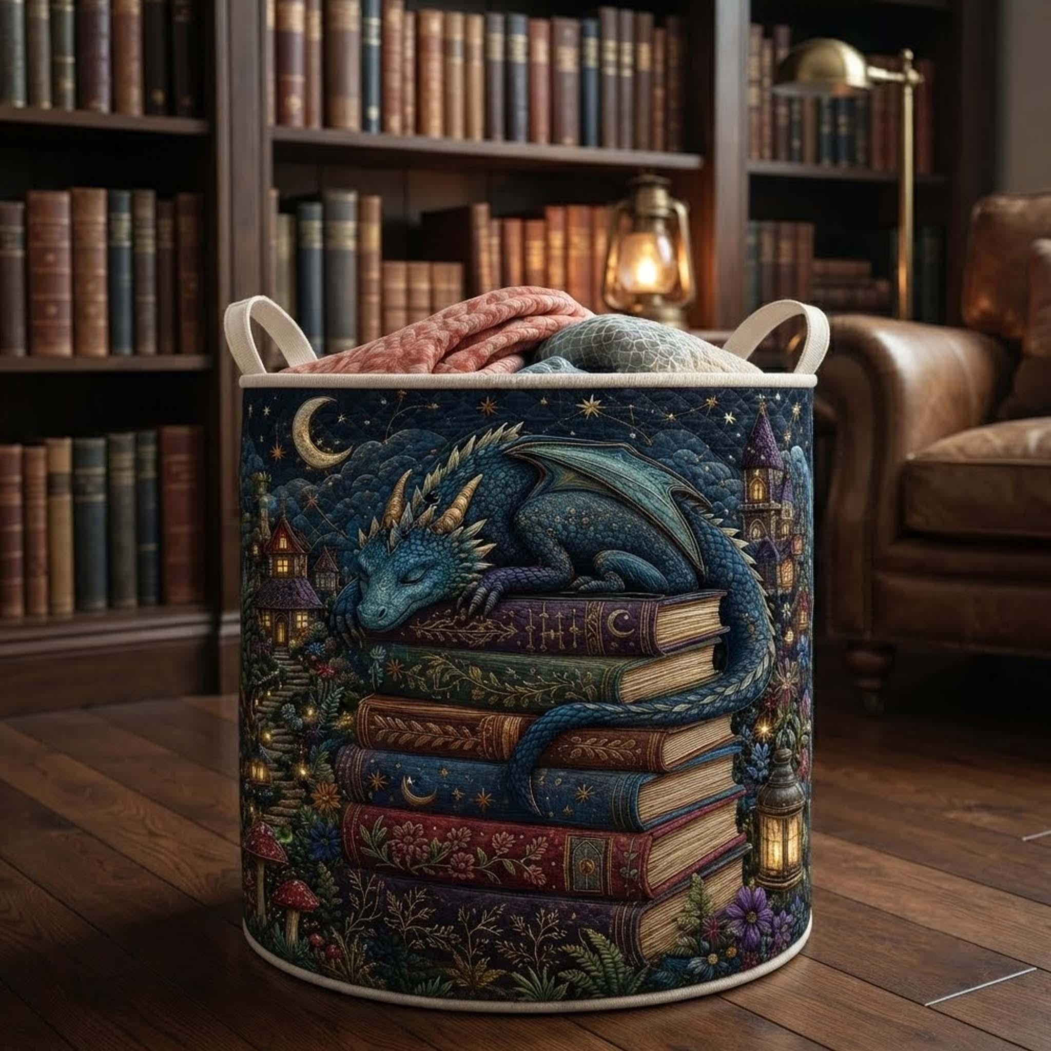 Fantasy Dragon Quilted Laundry Basket, Mystic Book Keeper Storage Hamper, Laundry Bin, Custom Name Home Organizer, Housewarming Gift, Fabric Clothes Basket QBK31
