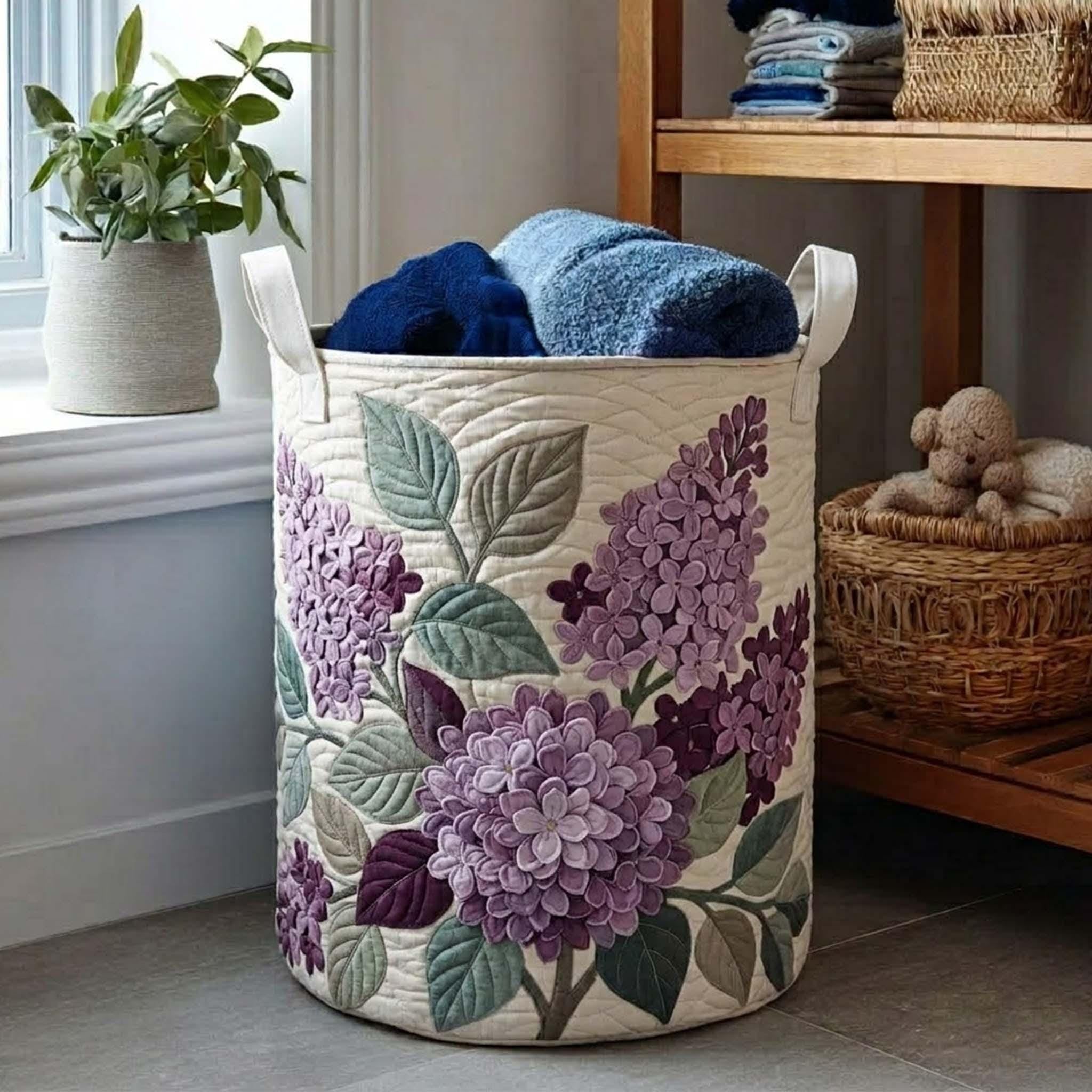 Lilac Flower Quilted Laundry Basket, Floral Storage Hamper, Laundry Bin, Custom Name Home Organizer, Housewarming Gift, Fabric Clothes Basket QBK27